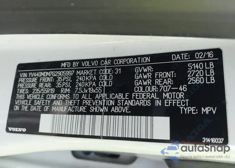 2016 Volvo Xc60 T5 Drive-E Platinum из США, поврежденный, VIN YV440MDM7G2905997